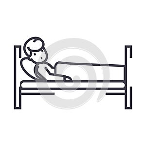 Patient in hospital bed vector line icon, sign, illustration on background, editable strokes