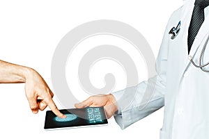 Patient Leaves A Fingerprint On The Doctor`s Tablet In Confirmation Of Consent To Treatment Isolated Background