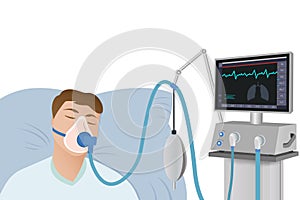 The patient lies on a hospital bed with an oxygen mask on a ventilator in critical condition.