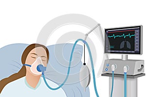 The patient lies on a hospital bed with an oxygen mask on a ventilator in critical condition