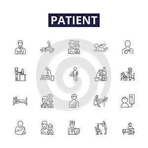 Patient line vector icons and signs. Sick, Ill, Convalescent, Ailing, Infirm, Bedridden, Sufferer, Clinician outline