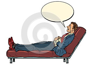 The patient is a male businessman at a psychotherapy session, lying on the couch