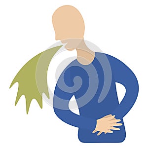 The patient is nauseous. Vector icon. Sickness. The man holds on to his stomach. Isolated white background. Flat style. Vomiting.