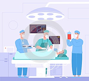 Patient on operating table. Cartoon operation theater under surgical lamp hospital, medical anesthesia, team surgeons