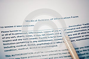 Patient release of information form with HIPAA regulations documents. Medical release of information form