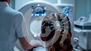 A patient sits comfortably in a chair while a technician attaches electrodes to their scalp. The electrodes are