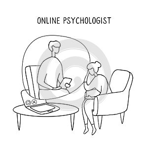 Patient talking to psychologist. Psychotherapy counseling. Online therapy session. Doodle vector graphic