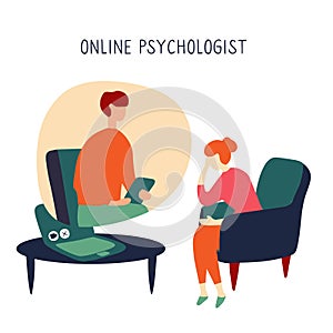 Patient talking to psychologist. Psychotherapy counseling. Online therapy session. Doodle vector graphic