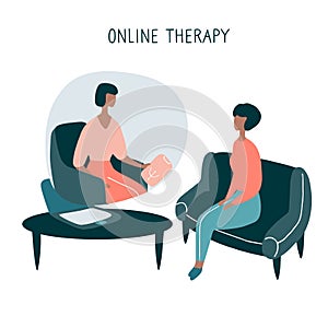 Patient talking to psychologist. Psychotherapy counseling. Online therapy session. Flat vector graphic