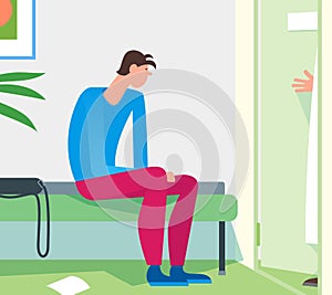 Patient waiting room doctor office. Young man expecting practitioner therapist to invite for examination diagnosis consultation.
