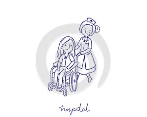 The patient on the wheelchair in the hospital illustration