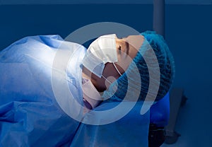 Patient woman in operation room at hospital falling a sleep