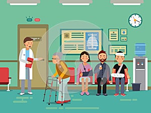 Patients and disabled peoples waiting doctor in clinical room. Vector medical illustration