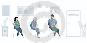 Patients diverse people in doctors waiting room vector illustration. Cartoon flat pregnant woman, black man , old woman