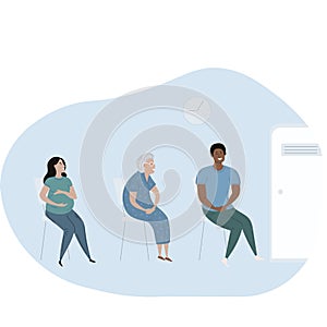 Patients diverse people in doctors waiting room vector illustration. Cartoon flat pregnant woman, black man , old woman