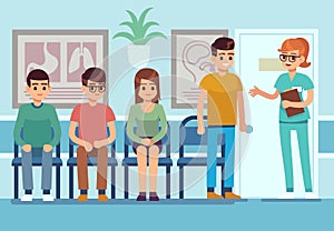 Patients in doctors waiting room. People wait hall clinic corridor hospital ambulance professional service, flat vector photo