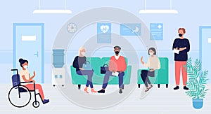 Patients people in doctors waiting room vector illustration, cartoon flat woman man characters in masks sit and wait for