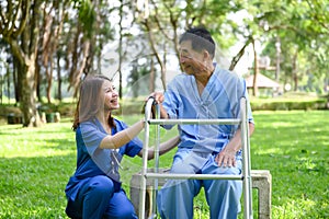 Patients Receive Encouragement and Good Treatment from Caregivers While Sitting Relaxed in The Green Park. Traits of a Quality