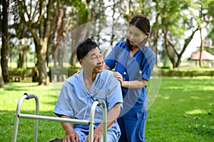 Patients Receive Encouragement and Good Treatment from Caregivers While Sitting Relaxed in The Green Park. Traits of a Quality