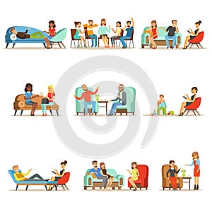 Patients at a reception at the psychotherapies. People talking to psychologist. Psychotherapy counseling, colorful photo
