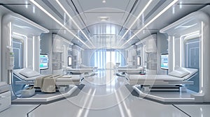Patients room inside a futuristic hospital. Future medicine concept. AI generated