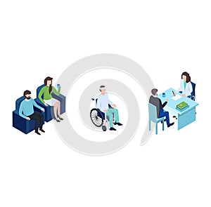 Patients waiting and consulting doctor in clinic. Medical office visit and healthcare services vector illustration
