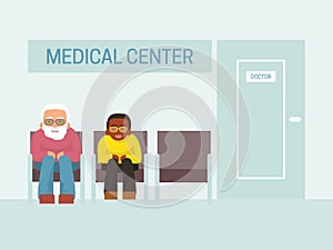 Patients waiting doctor in medical center vector illustration. People queue wait in medicine clinic. Patient waits