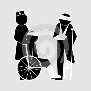 Patients on wheelchair and patient standing with nurse, bandage on head, leg and hand. flat vector illustration