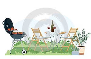 Patio area flat vector illustration. House backyard with cooking grill, green plants, trees. Garden modern furniture for