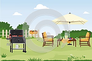 Patio area flat vector illustration. House backyard with green grass lawn, trees and bushes. Cartoon table and chairs