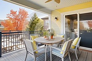 patio area with outdoor dining set and secondfloor balconies