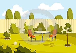 Patio area. Sunny back yard with green lawn, fence and trees. Home suburb patio or courtyard area with grass. Cartoon