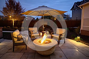 patio with cozy seating area, fire pit, and lanterns for warm evening gatherings