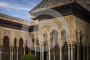 Patio de Los Leones in the Alhambra, Granada, Spain, with plaster latticework