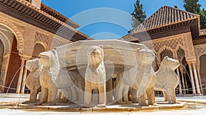 Patio de los Leones inside of the Nasrid palace of Alhambra fortress in Granada, Spain photo