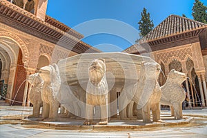 Patio de los Leones inside of the Nasrid palace of Alhambra fortress in Granada, Spain