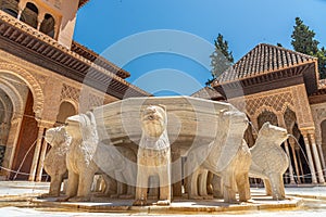 Patio de los Leones inside of the Nasrid palace of Alhambra fortress in Granada, Spain