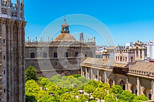 Patio de los naranjos at the cathedral viewed from Giralda tower in Sevilla, Spain photo