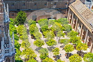 Patio de los naranjos at the cathedral viewed from Giralda tower in Sevilla, Spain photo