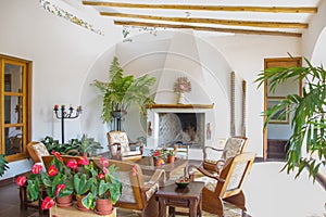 Patio with dining area and fireplace in Peru