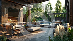 Patio With Fireplace and Seating Area