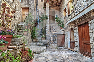 Patio with flowers in the old village France