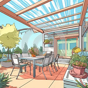 A patio has modern furniture and shade, grill, and dining options. (Illustration, Generative AI