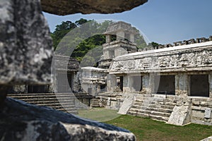 Patio in the Maya temple palace with observation tower, Palanque, Chiapas, Mexico