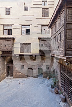 Patio of ottoman historic house of Zeinab Khatoun with wooden oriel windows