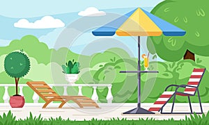 patio outdoor. background backyard village with BBQ relax place two benches and green trees