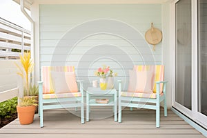 patio of pastel beach house with cozy chairs