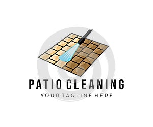Patio pressure cleaning, pressure water cleaner, water jet and block floor, logo design. Power washer, outdoor floor worker cleani