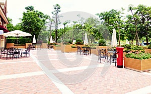 outdoor patio of restaurant street cafe photo