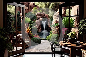 patio with view of lush garden or waterfall